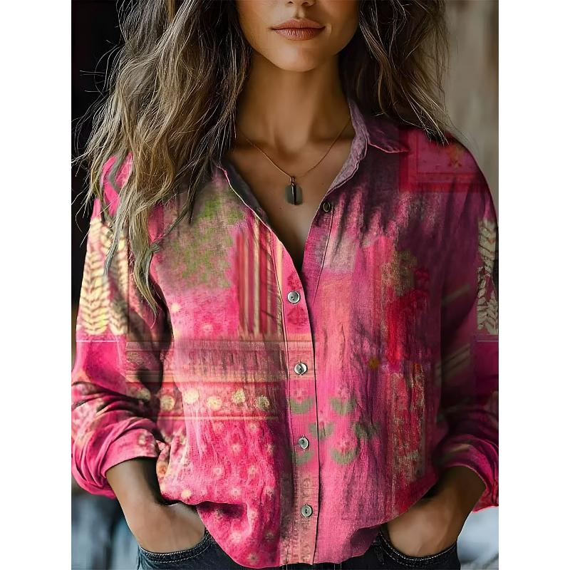 Damen Frühling und Sommer Retro Bedrucktes Langes Ärmel Casual Hemd Imitation Hemd