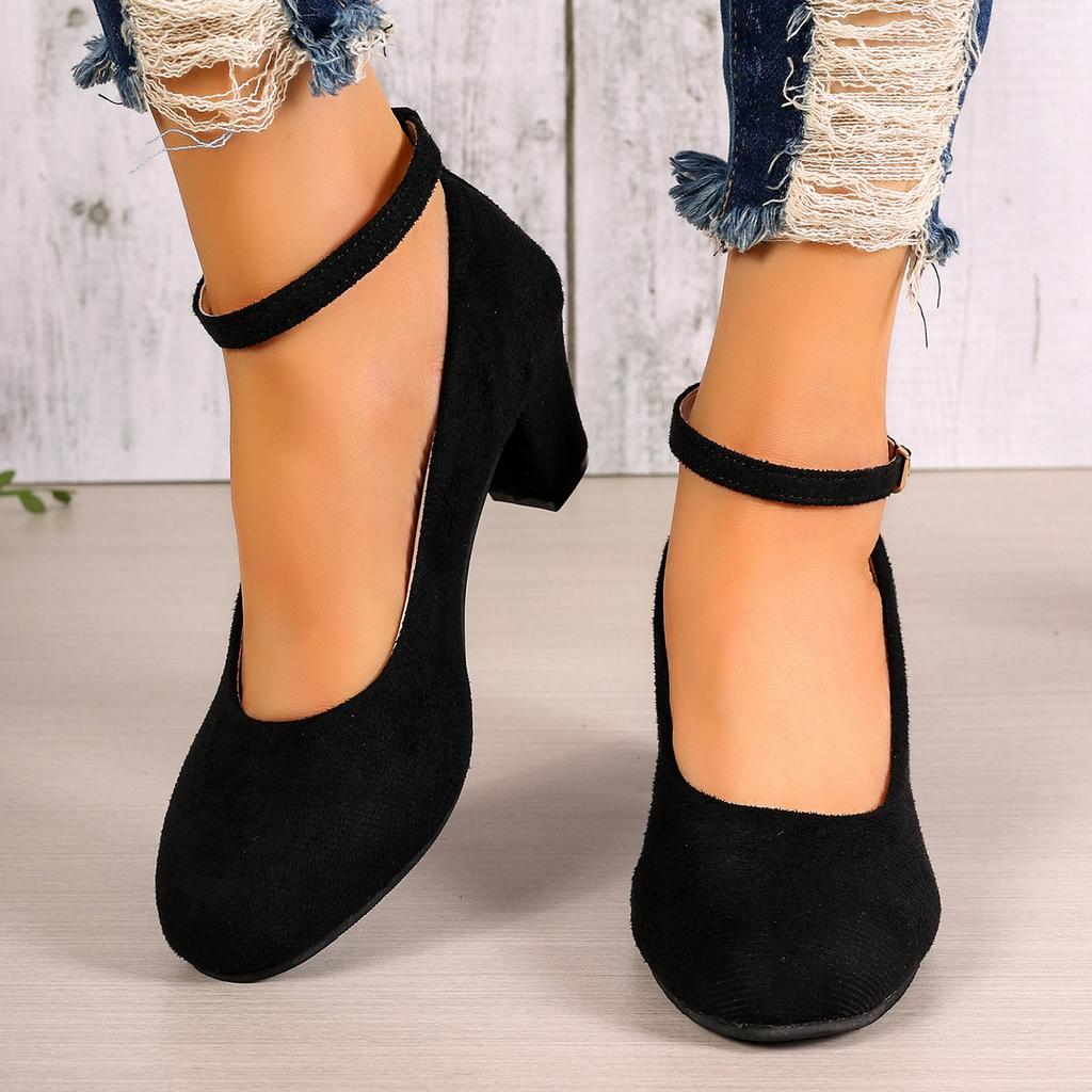 2025 spring and autumn new European and American large size round head thick heel buckle high heels women's foreign trade fashion shoes
