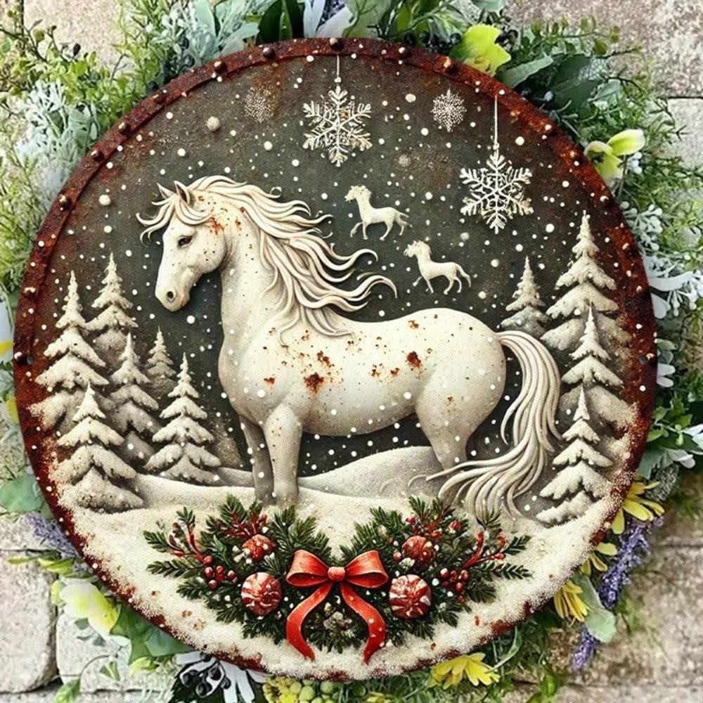 

Vintage White Horse Metal Round Sign Christmas Wreath Wall Art Farmhouse Home Office Decor 20x20 різнокольоровий