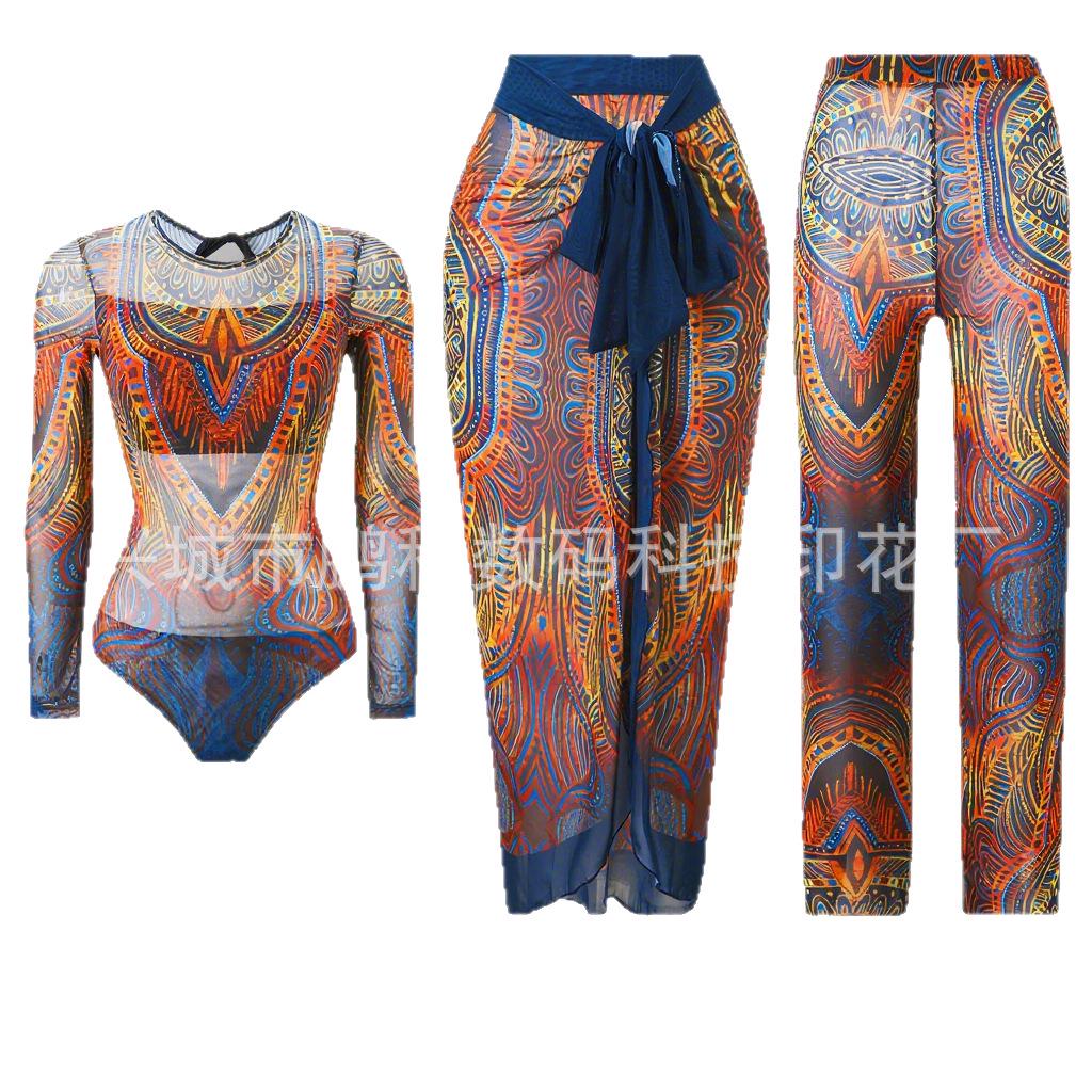 Women's Three-Piece Set: One-Piece Long-Sleeved Sun Protection Swimsuit with Mesh Long Pants
