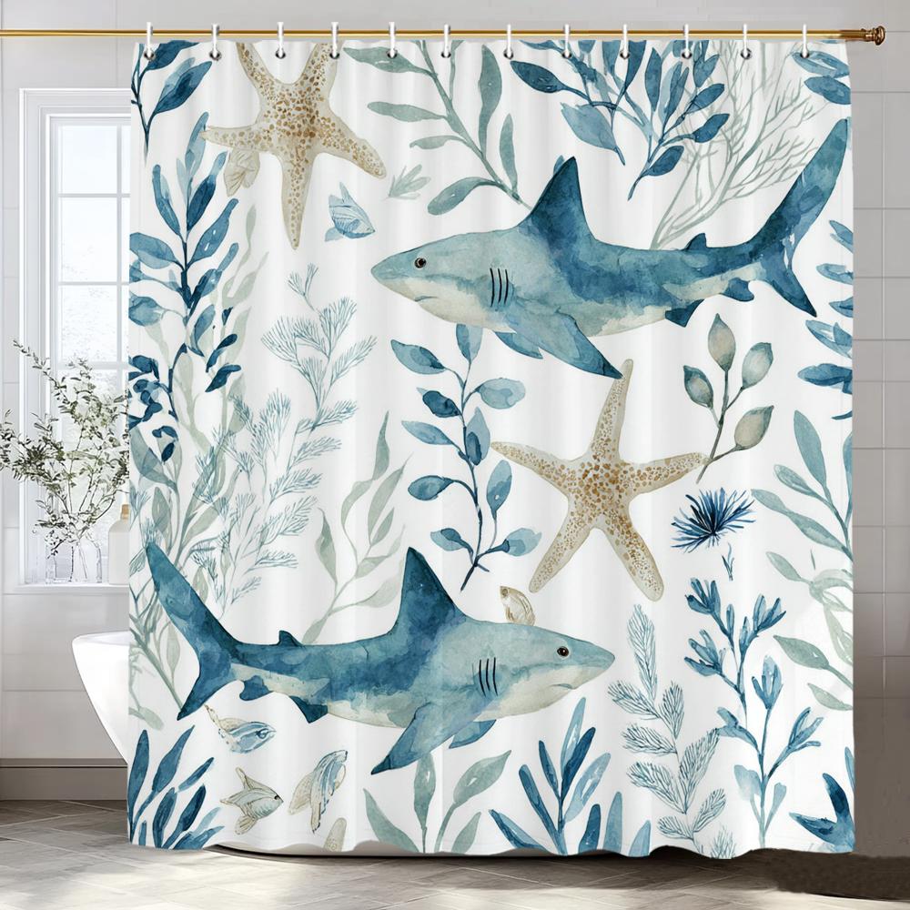 1pc Sea Turtle Print Waterproof Shower Curtain,Beach Coastal Ocean Turtle Starfish Partition Privacy Hanging Curtain with Hooks