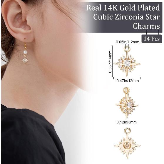 Beebeecraft 14Pcs Star Charms 14K Gold Plated Cubic Zirconia North Star Pendant Charms for DIY Necklace Earrings Wedding Anniversary Summer Party