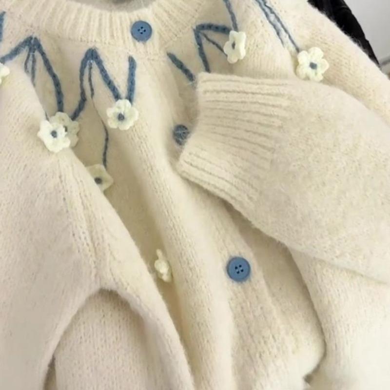 Damen Floral Cardigan Damen Rundhals Langarm Strickpullover Herbst Neue Version Locker Vielseitig Lässiges Oberteil