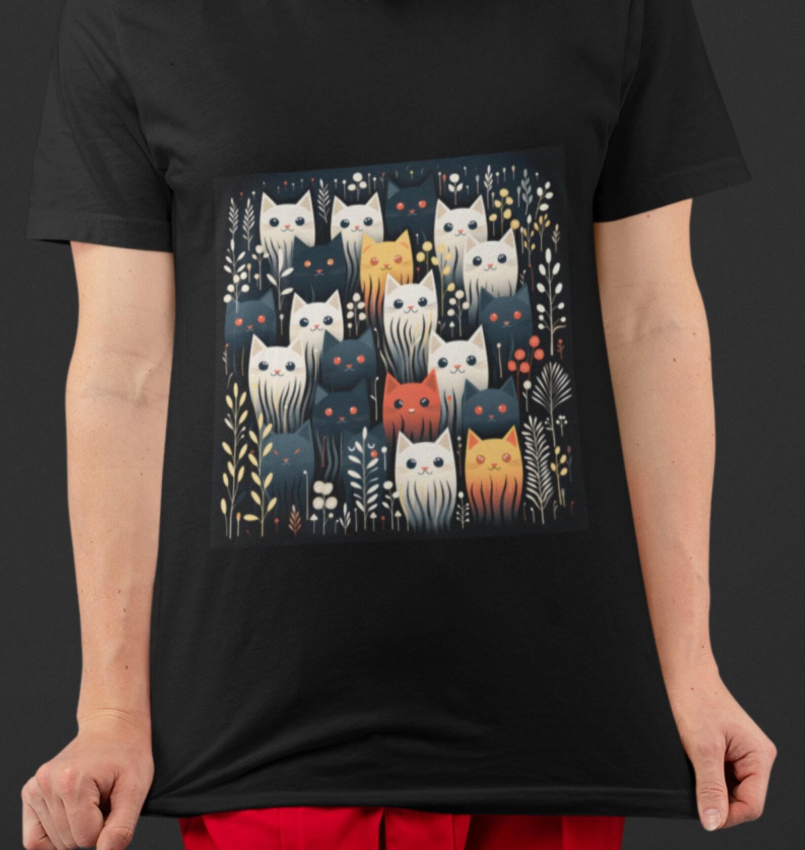 Multi-Colour Cat Faces T-Shirt: Cats in Meadow Design M