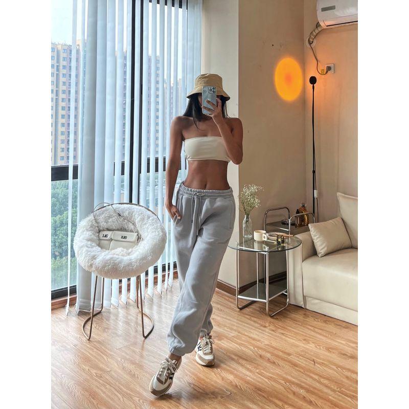 

European and American Style Fleece Bottom Fashion Brand Winter Sweatpants with Pockets Grey L
