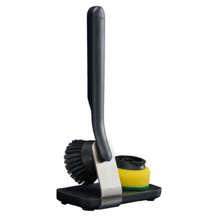 Handheld Dish Brush with Press-to-Dispense Soap Delivery, Flexible Pad, Fiber Brush Attachment, and Standing Base for Kitchen Cleaning