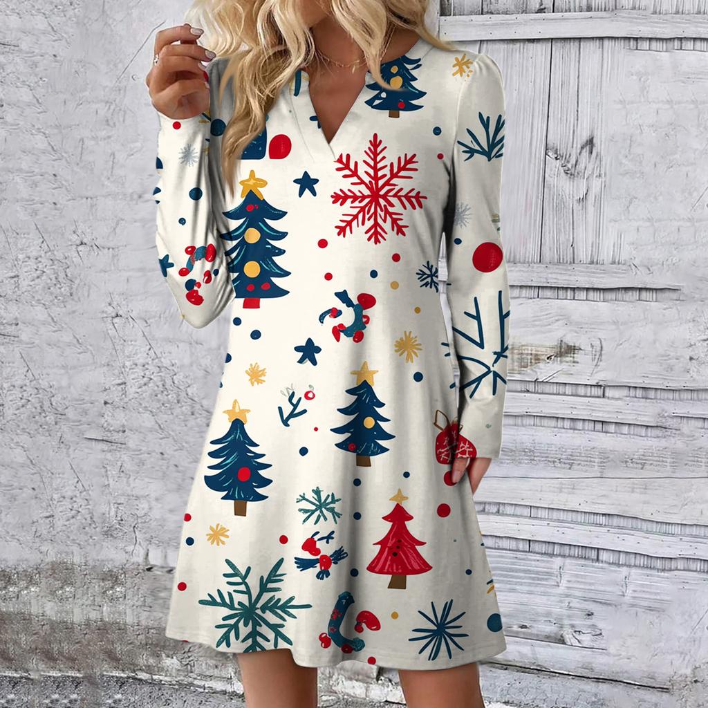 Women's Christmas Printed Dress Loose V-neck Casual Long Sleeved Dress