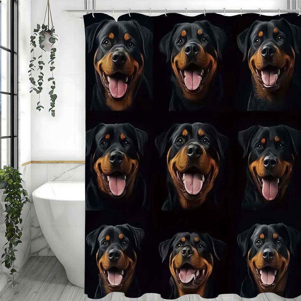 Söt Hund Rottweiler Duschdraperi, Dekorativt Duschdraperi för Badrum, Vattentätt Duschdraperi med Krokar