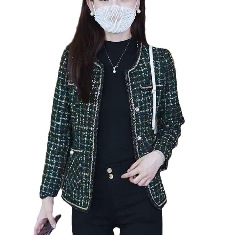 Chic Plaid Round Neck Slim-Fit Long Sleeve Jacket for Women - Spring Collection