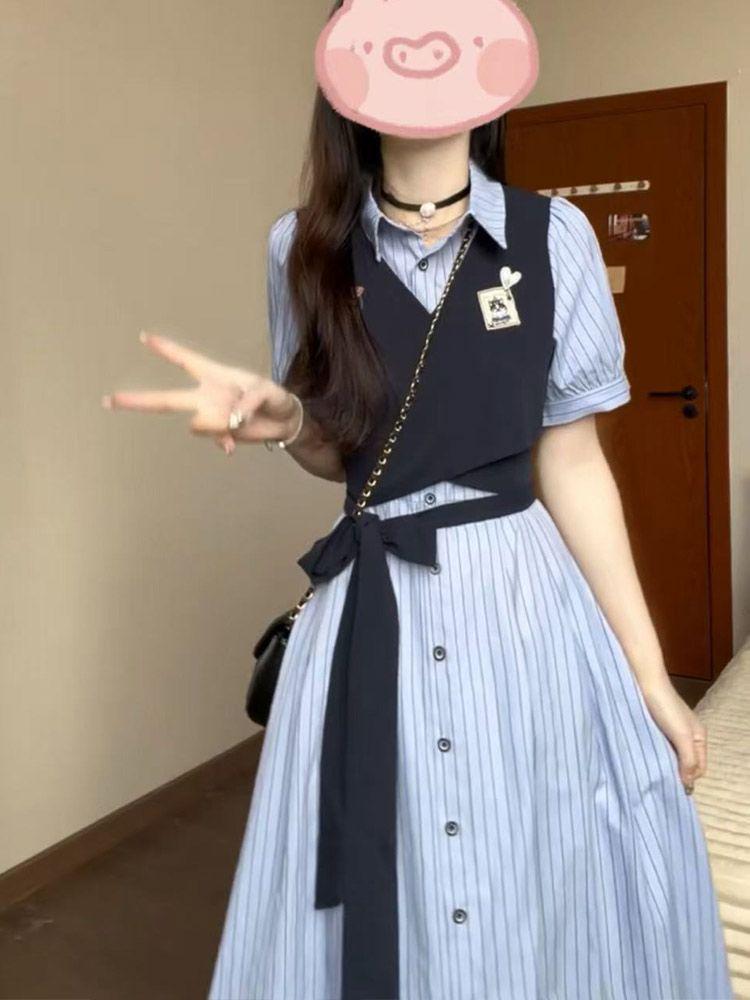 Korean Style Striped Patchwork Two-Piece Dress for Women - Summer Mid-Length Skirt