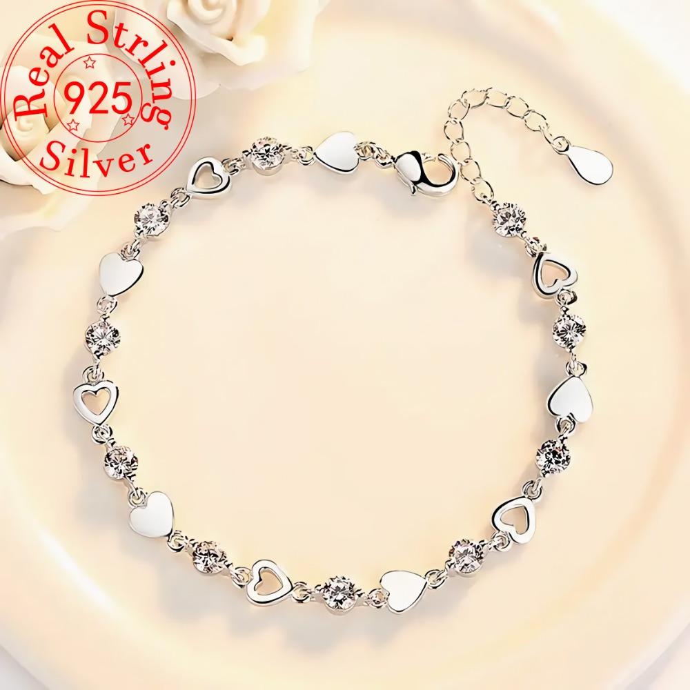 925 Silver Heart Shaped Necklace Bracelet Set for Women Vintage Korean Blue Crystal Bracelets Jewelry Set Party Jewelry