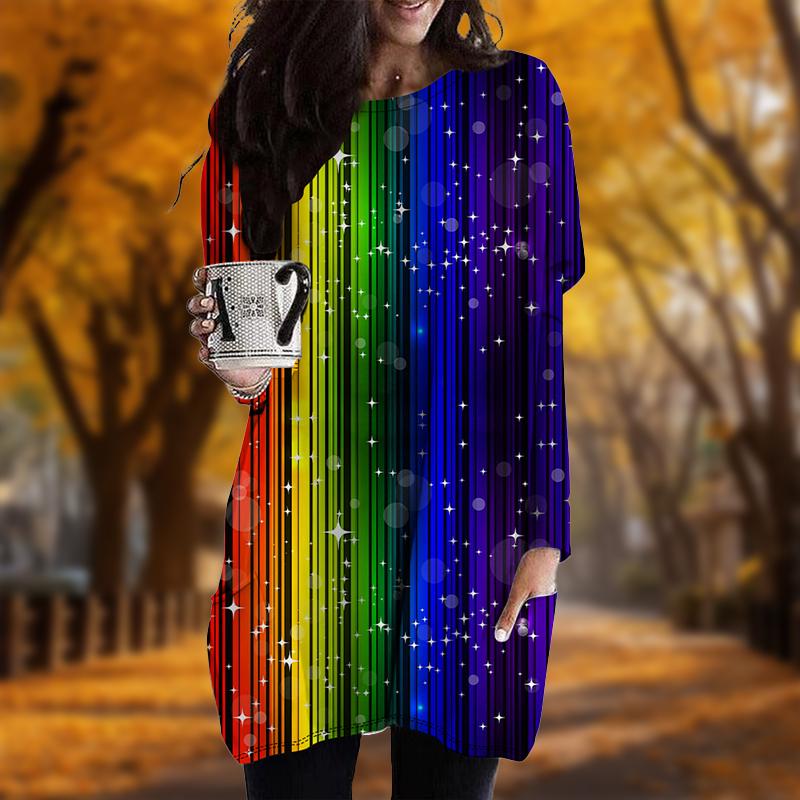 Neu Im Herbst Regenbogen Print Plus Größe Kleid Frauen Oansatz Lange Ärmeln Casual Tasche