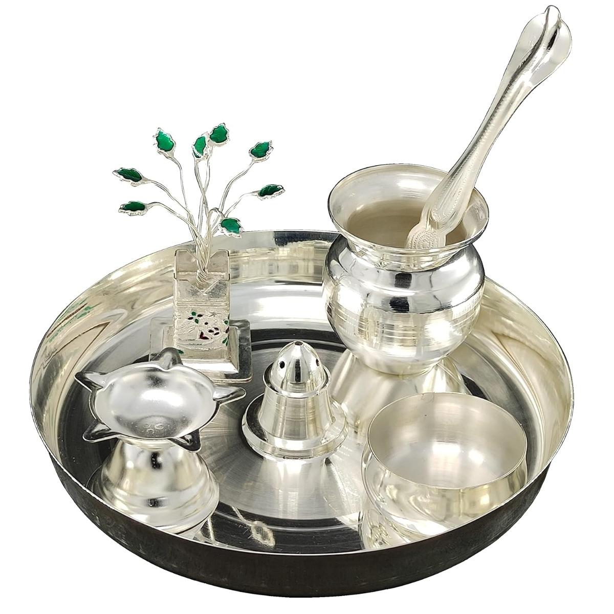 Silver Plated Pooja thali Set 17.78 CM Festival Ethnic Puja Thali Items for Diwali Daily Home Mandir Office Wedding Return Gift
