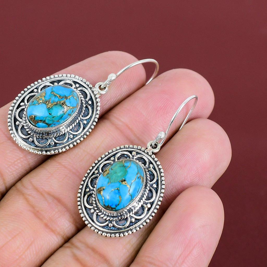 Copper Blue Turquoise Earring Gemstone Earrings 925 Sterling Silver Earring Vintage Jewelry Handmade Earring Gifts For Women Elegant Jewelry