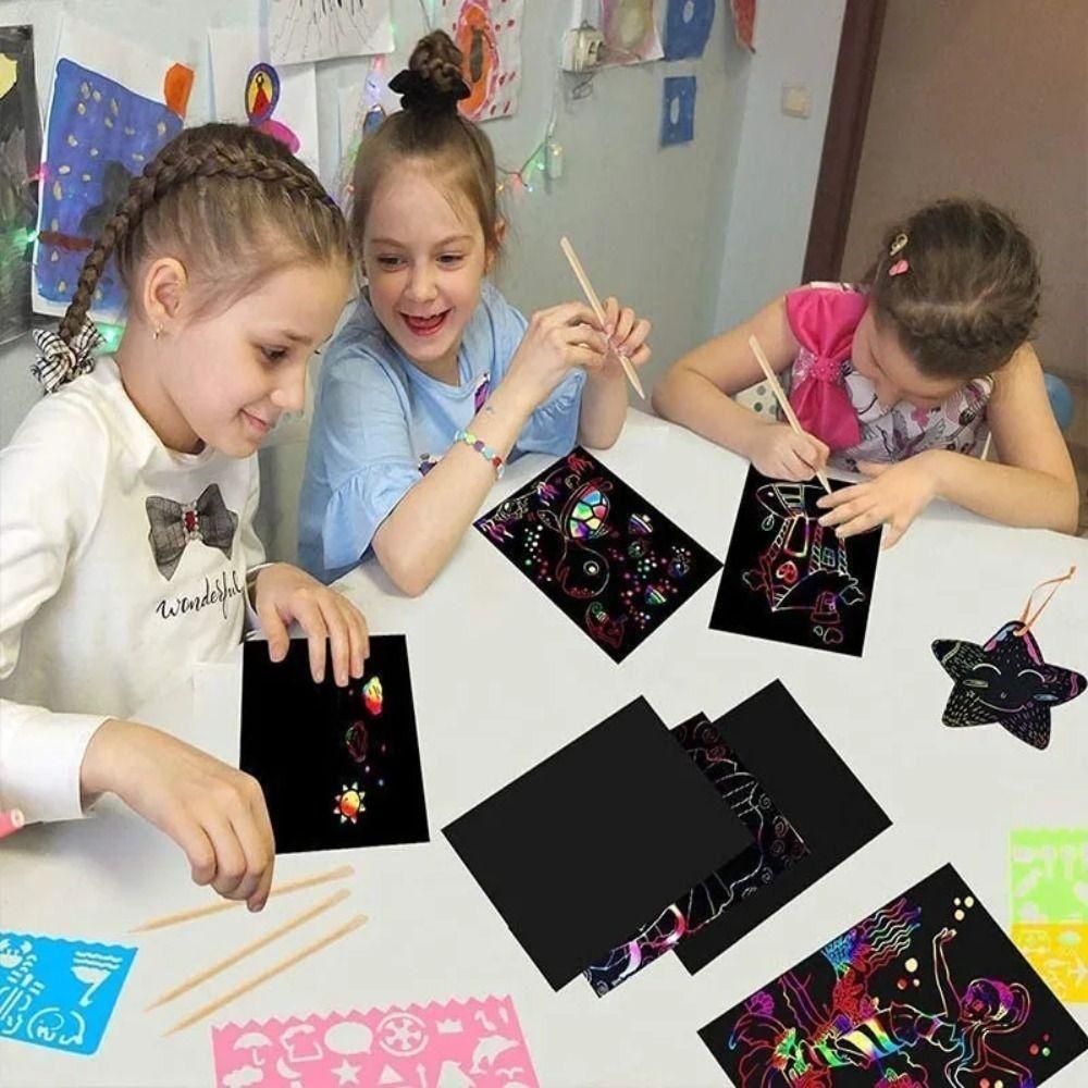 Graffiti Stencil Scratch Art Paper Card Set Rainbow DIY Drawing Board Scratch Off Paper Book  Gifts