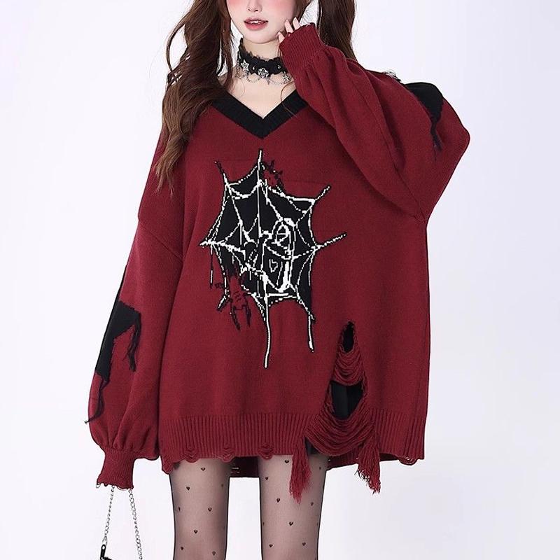 

Женский винтажный контрастный цвет готический уличный свитер свободного покроя Y2K Harajuku Fairy Hole V-образный вырез с длинным рукавом пуловер Топы S красный