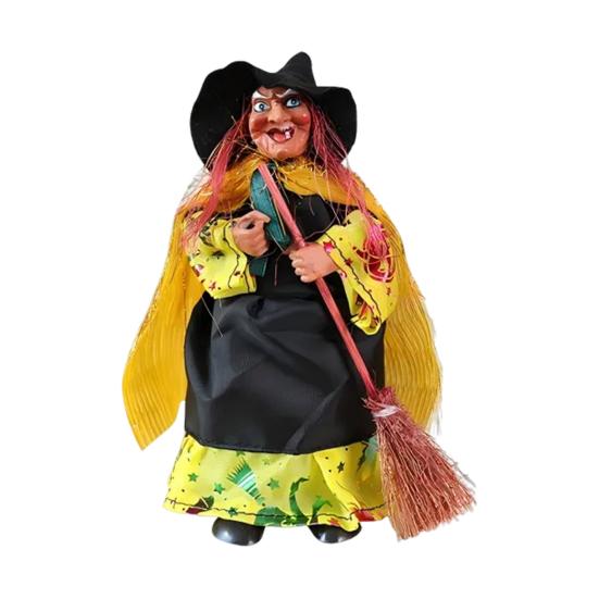 Halloween Witch Doll Decoration Spooky Witch Statue with Broomstick for Home Living Room Fireplace Mantel End Table Desktop Decor