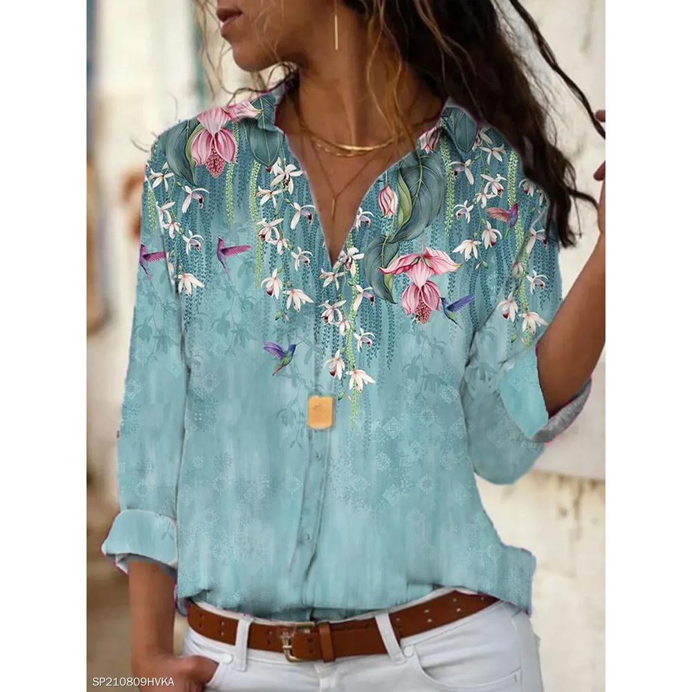 Autumn Women's Flower Print Shirt Fashion Button Top Slim Fit Comfortable Women's Button V-neck Casual Long Sleeve Shirt