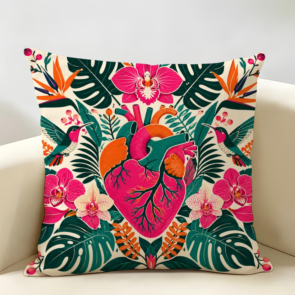 Anatomical Heart Maximalist Floral Art Cushion Cover Durable Hypoallergenic Organic Linen Pillow Cover Washable Skin-Friendly