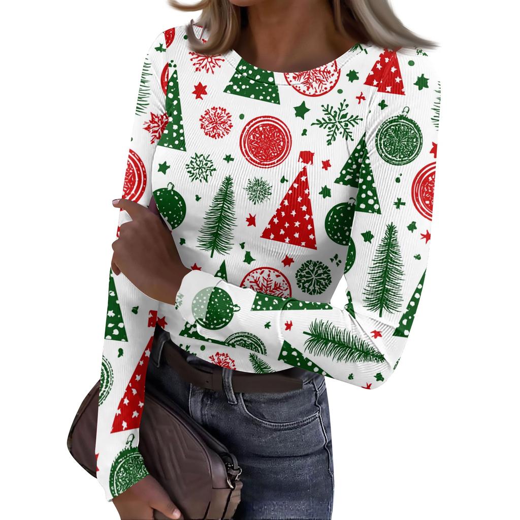 Women's Casual Christmas Print Long Sleeve Ribbed Neck Top