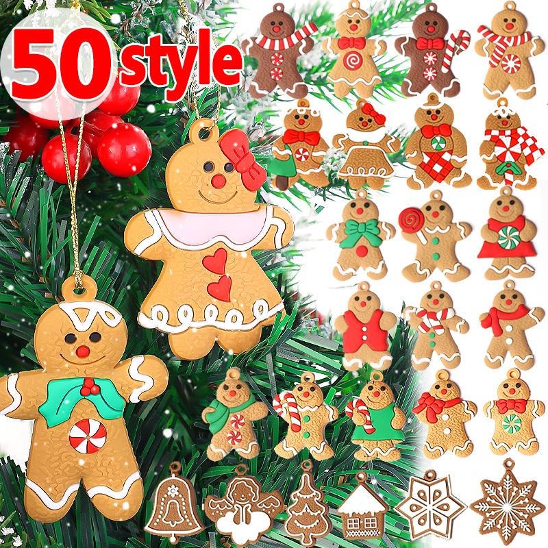 PVC Soft Gingerbread Man Christmas Ornaments Bell Snowflake Chrismas Tree Hanging Figurines Pendant Party Xmas Decor Kids Gifts