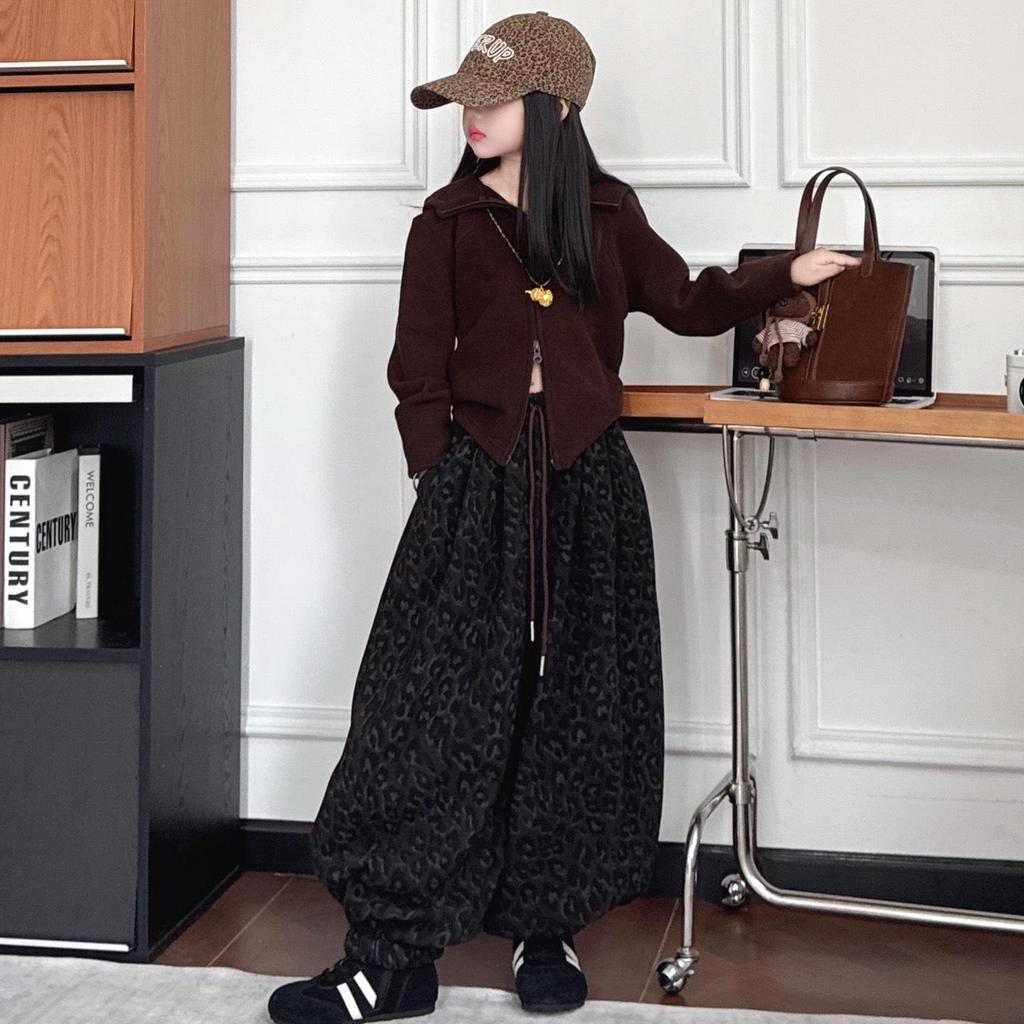 Leopard Print Fleece-Lined Lantern Pants - Korean Style, Thickened Sweatpants for Girls