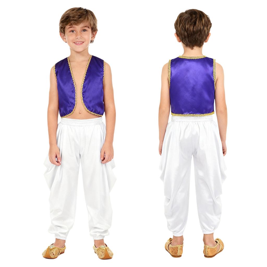 Kinder 2-teilige arabische traditionelle Kleidung Offene Weste mit goldenem Besatz und lockere Hose mit elastischem Bund für Karneval Kostüm