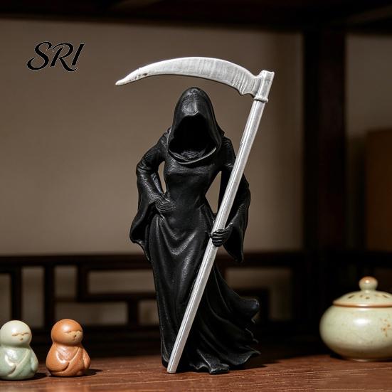 Compact Gothic Collectible Female Grim Reaper Statue with Sickle 3D Printed Black Robe Dark Queen Figurine Mysterious Sculpture for Home Office
