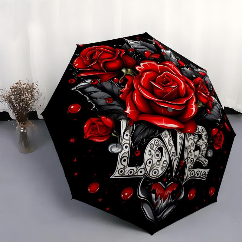 1pc Rose Love Print Automatic Folding Umbrella, 8-Rib Iron Frame, Casual Outdoor Accessory for Birthday Festival Gifts yy251128174