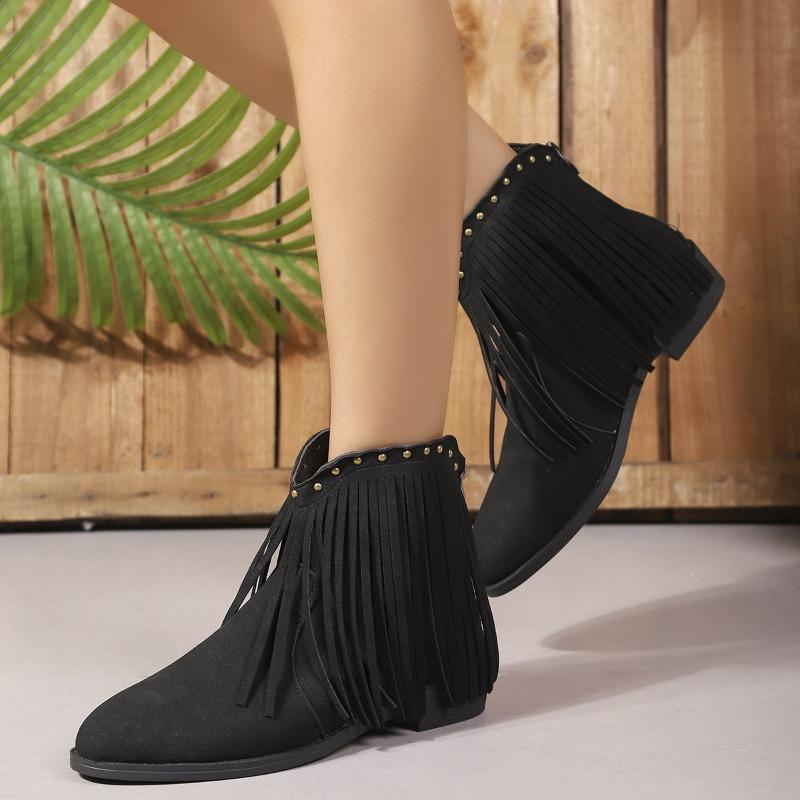 Women's New Vintage Nubuck Booties Women's Pointed Doc Martens Large Size Tassel Studded Western Cowboy Boots