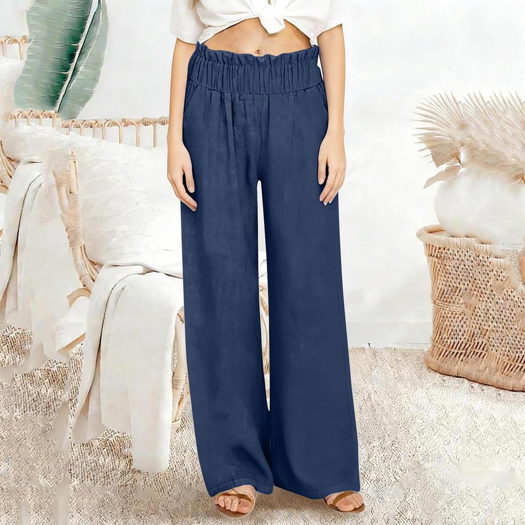 Pantalon Palazzo Large Décontracté en Lin pour Femmes Taille Élastique Polyvalent Business Casual Travail Pantalons Palazzo Avec Poches