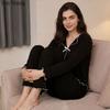 Long Sleeve Pajamas Set Women's Lapel Solid Color Home Clothes Knitted Cardigan Two-Piece Set