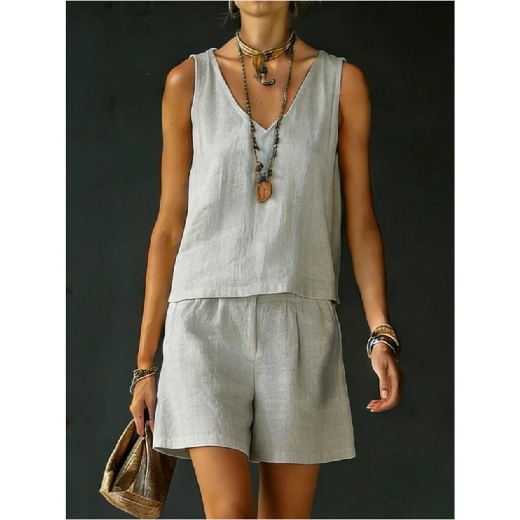 Summer Women Solid 2 Piece Set Casual Sleeveless Linen Cotton Top Vest Shorts Suit Outfit