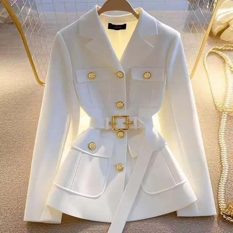 Bottoni alla Moda Risvolto Giacca da Donna per Completo Primavera Autunno Temperamento Blazer da Donna con Cintura Coreano Versatile Capospalla da Donna
