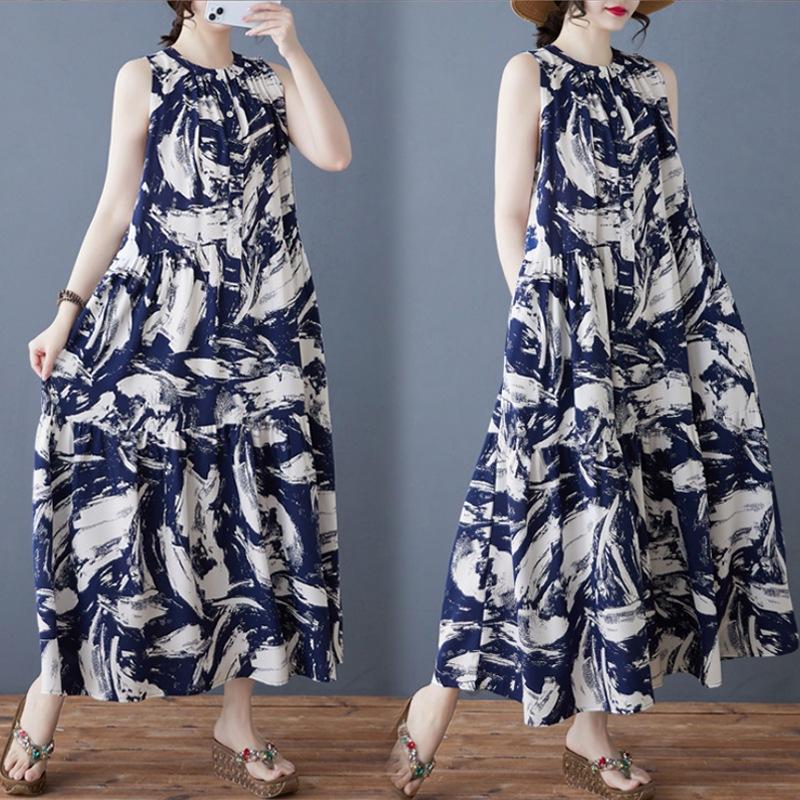 2025 Summer New Temperament Retro Printed Chiffon Loose Stand-up Collar Sleeveless Medium and Long Dress