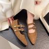 Jesienne Damskie Obcasy Retro Zamszowe Skórzane Buty z Nitami Eleganckie Buty Mary Jane z Paskiem i Metalową Klamrą 3cm Koturny Ukryty Obcas