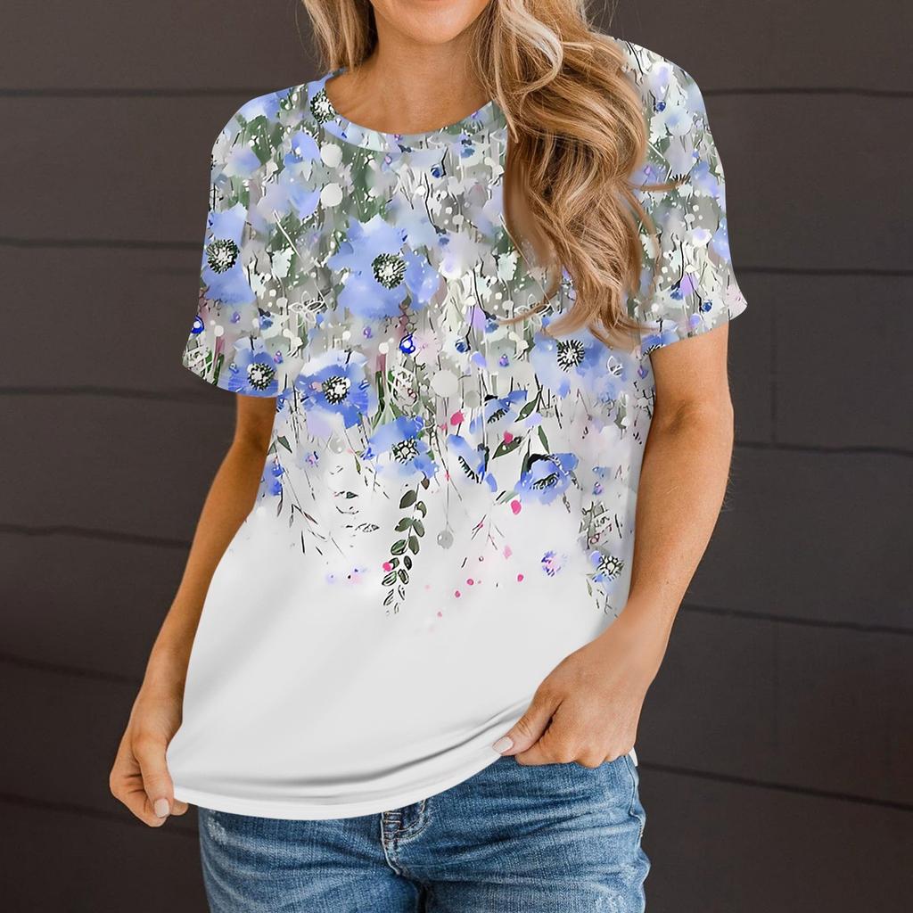 Damen Kurzarm T-Shirts Rundhalsausschnitt Locker Lässig Tee Blumendruck Tops für Damen