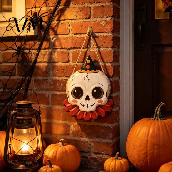 Retro Holiday Yard Accents Halloween Wooden Hanging Pendant with Lanyard, Ghost/Pumpkin/Skull/Black Cat Black Wall Art Decorations for Front