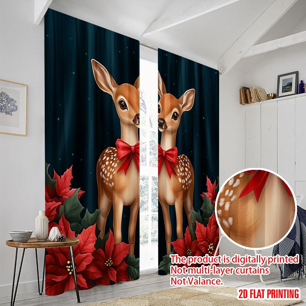 2pcs,2D plane printing Curtain Fabric Cute Fawns Christmas Poinsettias Versatile Polyester Fabric (without rod) Decorations