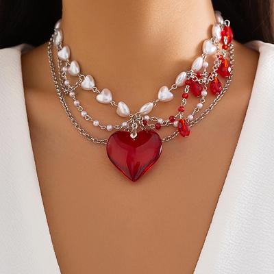 Luxury Multi Layered Red Crystal Peach Heart Pendant Necklace for Women Elegant Imitation Pearl Link Chain Jewelry