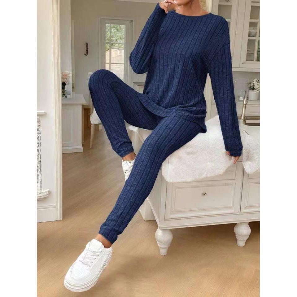 Casual O-neck Two Piece Set Women Outfits Autumn Winter Fashion Solid Knitted Long Sleeve Sweater Elegant Loose Pants Suit