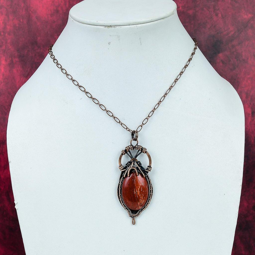 Red Snakeskin Jasper Gemstone Pendant Copper Wire Wrapped Jewelry Gifts For Him