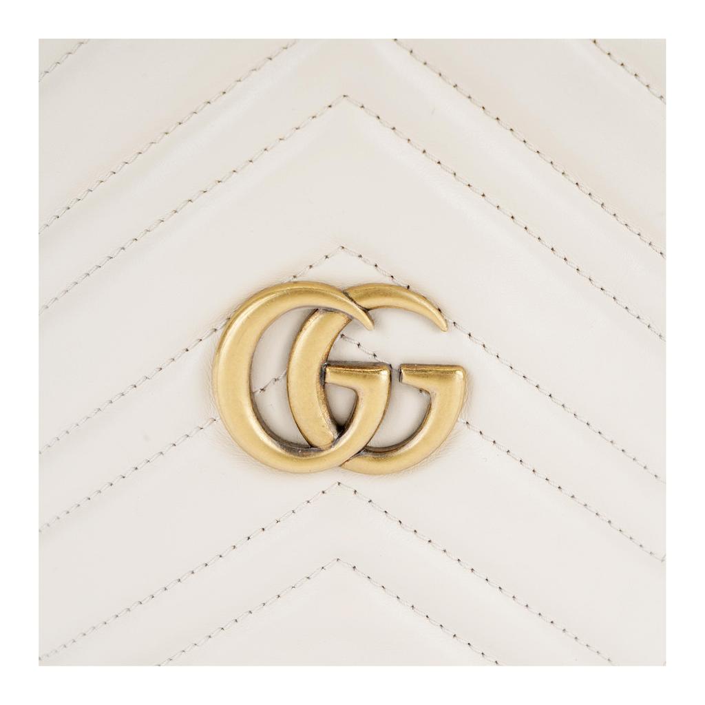 Gucci Gg Marmont Gold-Label Logo Kordelzug Öffnen und Schließen Kette Gestepptes Leder Eimer Tasche Umhängetasche Mini Damen Weiß