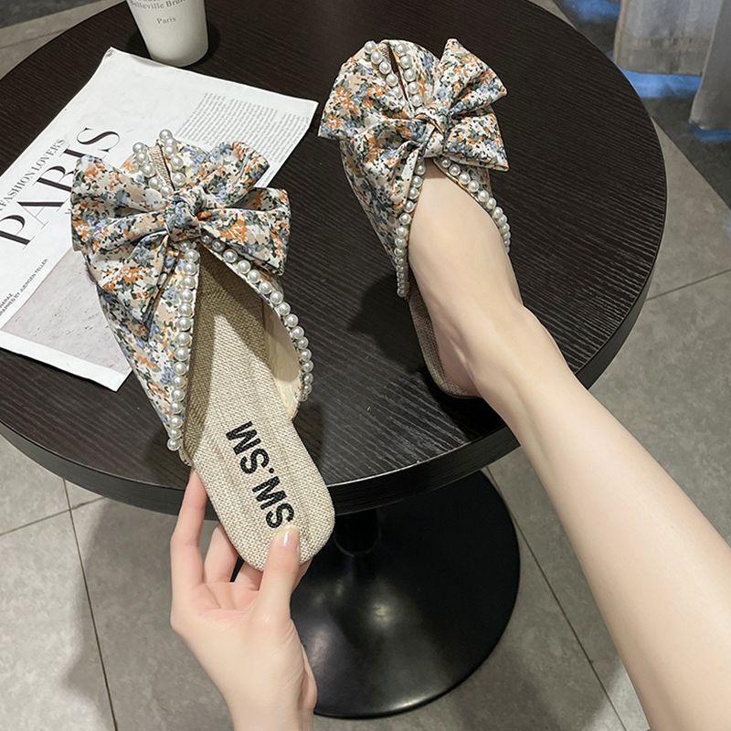 2025 Vår och Sommar Dammode Fiskmun Pärla Platt Halvtofflor, Bekväma Gravida Kvinnor, Trendiga Utomhuskläder