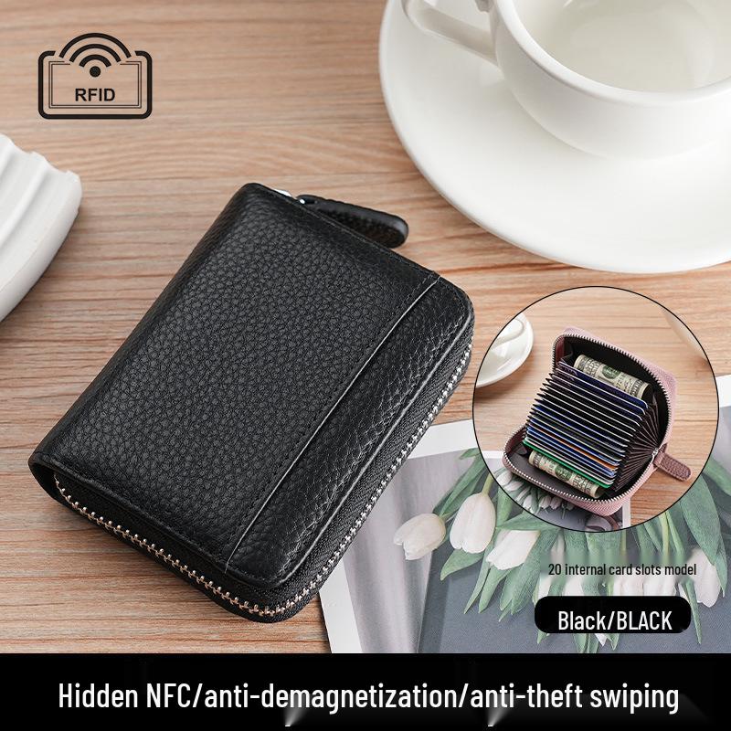 Women's Genuine Leather Zipper Card Holder - Anti-Demagnetization Multi-Slot Accordion Style