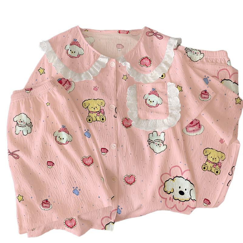 Cute Cartoon Puppy Cloud Cotton High Value Lace Doll Collar Pajamas Women'S Summer Three-Piece Set