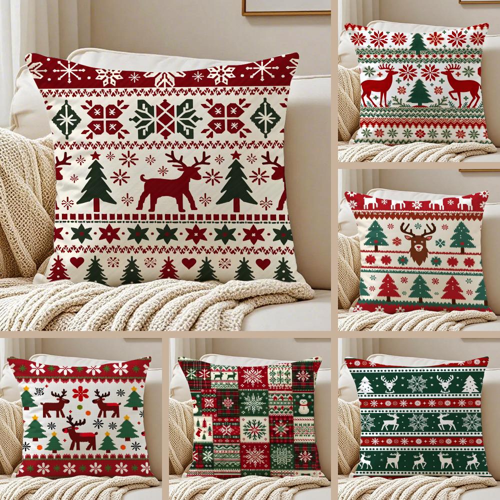 Christmas Illustration Festive Cushion Cover Pillowcase Antidustmite Invisible Zipper Short Plush Sofa Cushion