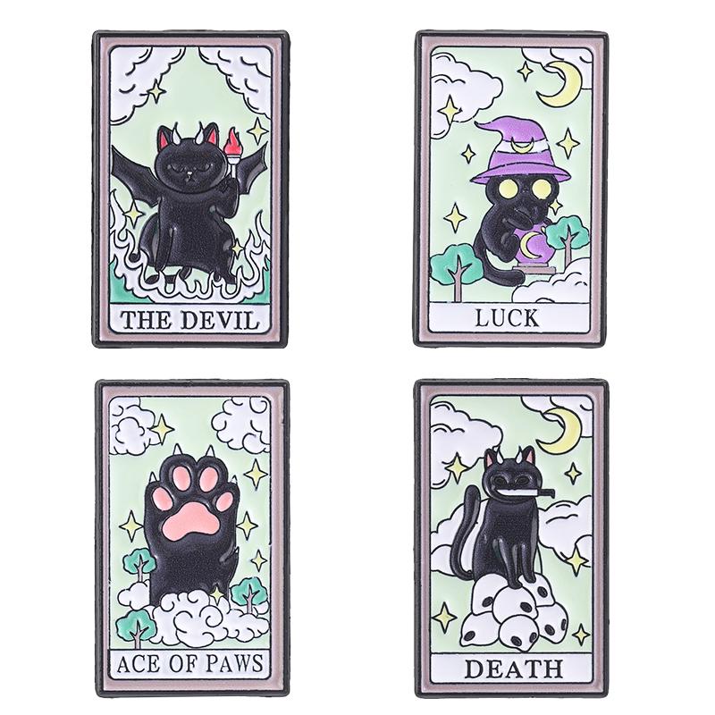 Black Cat Tarot Card Enamel Pins Gothic Mystical Cartoon Kitten Brooches Ace of Paws Lapel Badge Witchy Jewelry Gift for Friends