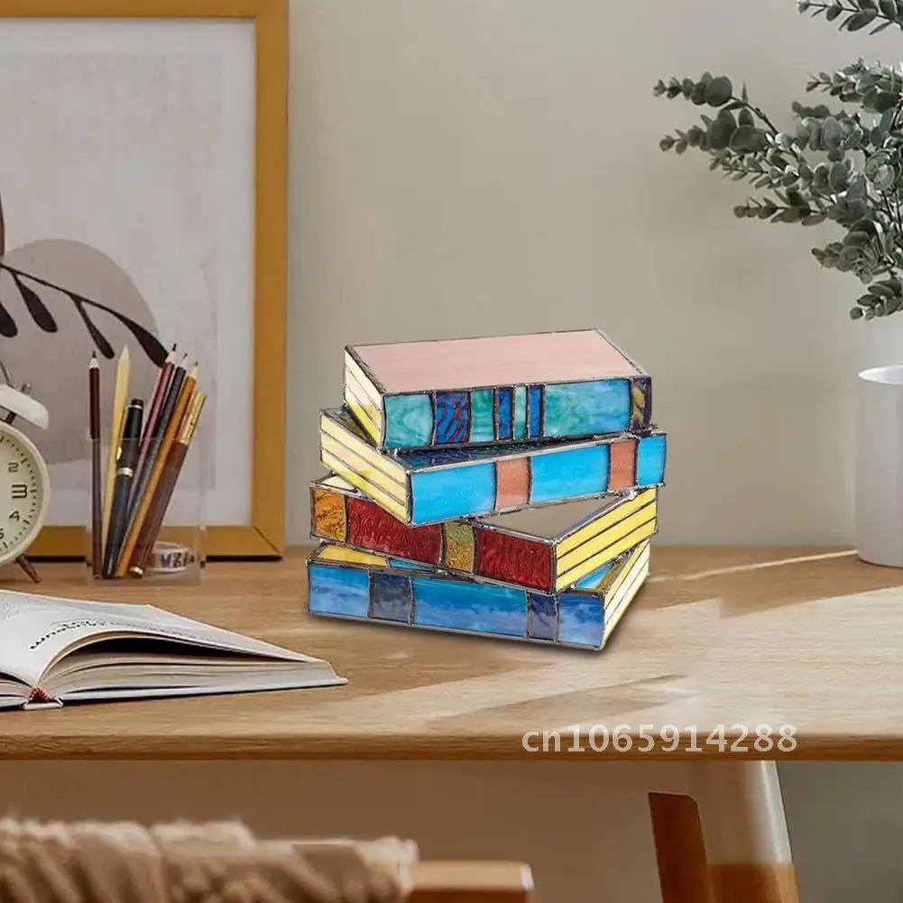 Stained Glass Stacked Book Nightstand Colorful Resin Vintage Desk Table Home Study Reading Lamp Bedroom Decoration