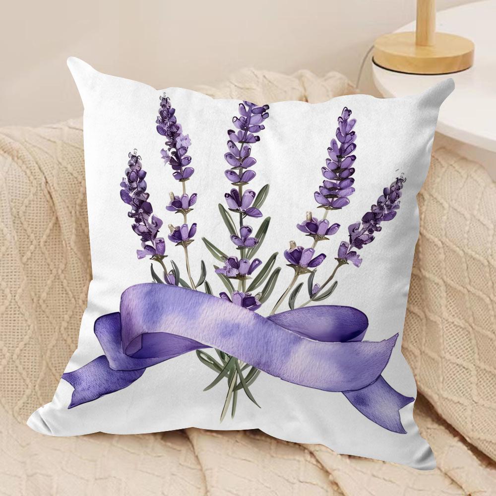 L-Lavender Cushion Cover Soft Plush Fabric Double-Sided Printed Sofa Cushion Cover for All Seasons Home Decor Gift
